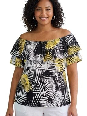 Laura Tropical Pattern Short Sleeve Off Shoulder Scoop Neck Top Size XXLarge